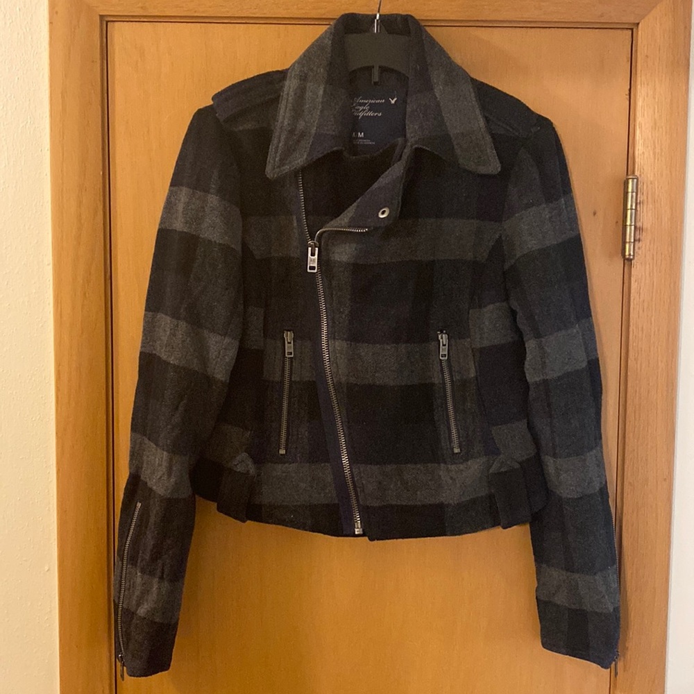 American Eagle Outfitters Women’s Plaid Wool Moto Jacket Black Gray Medium